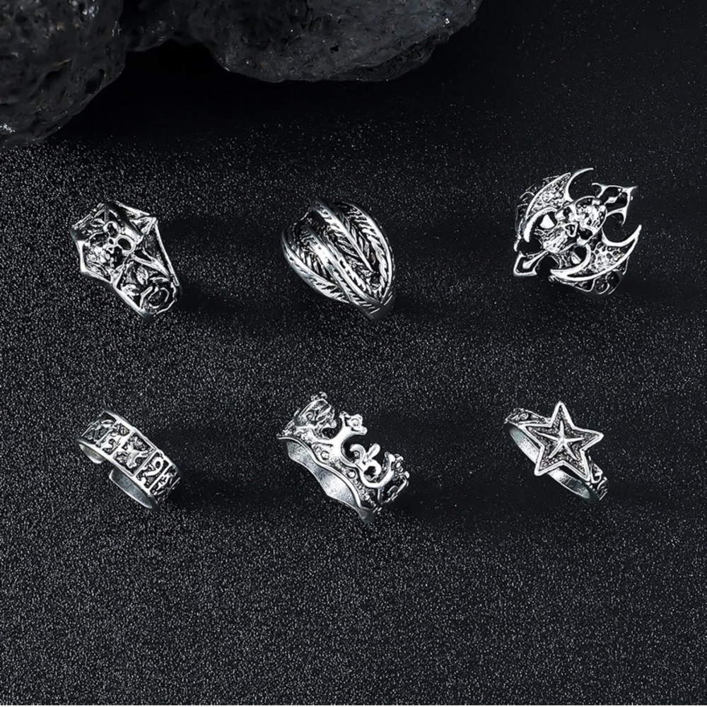 NWT No Label Men’s Silver 6pc Hardcore Style Ring Set